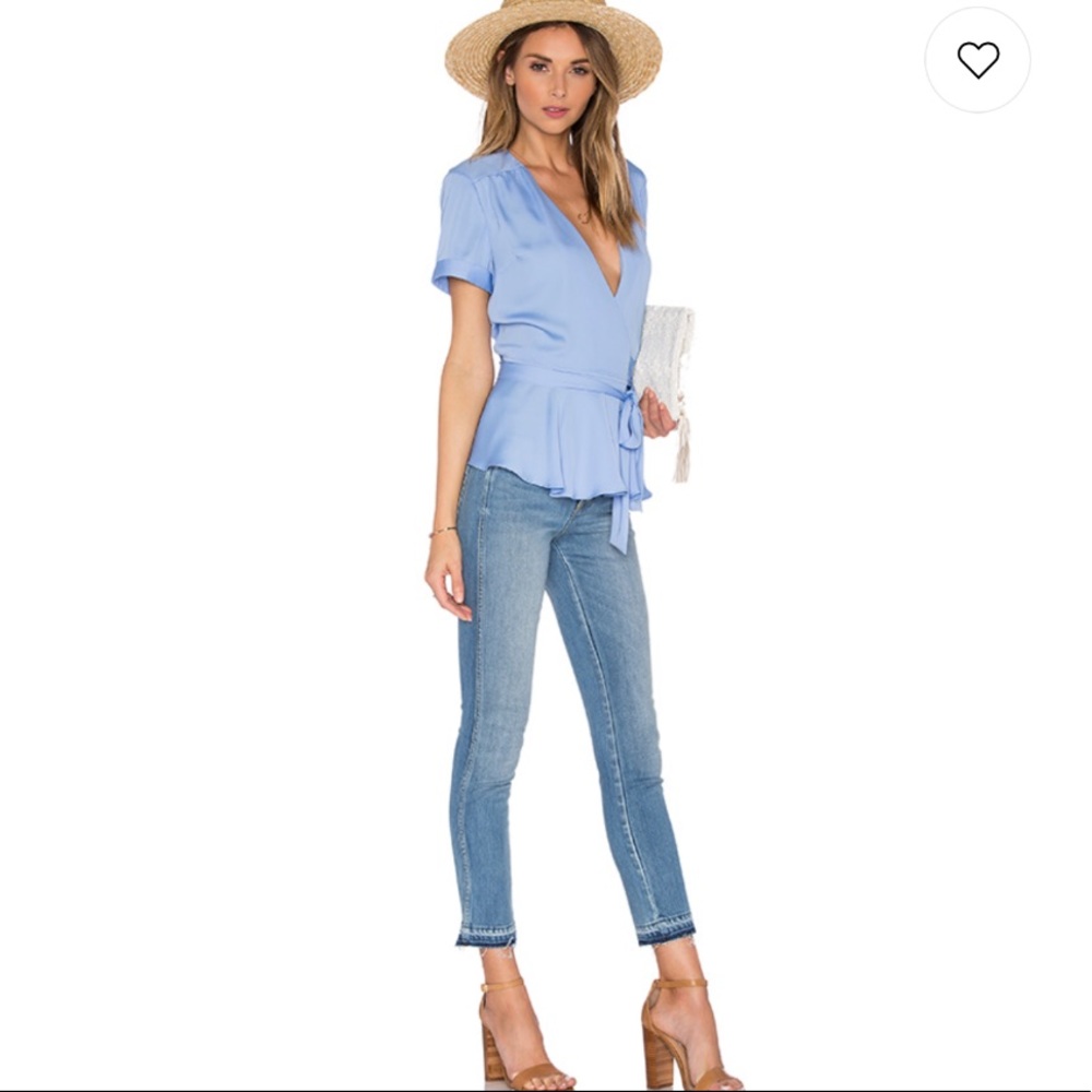 NWT L’Academie Revolve Blue Ruffle Retro Wrap Top